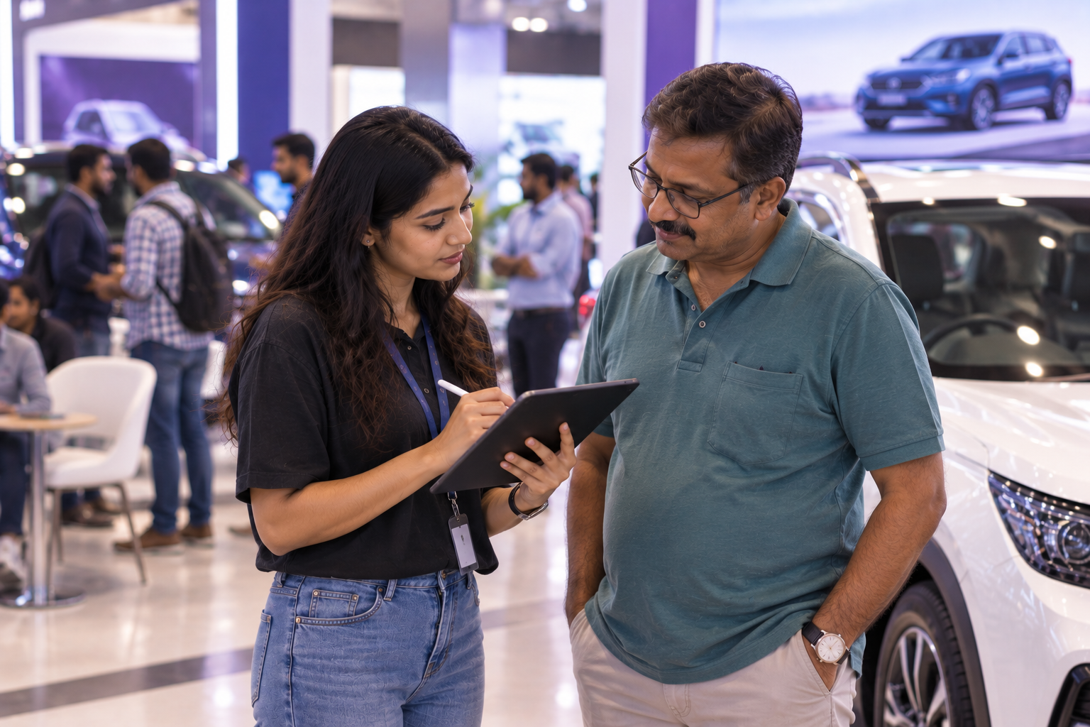 Researcher interviewing a participant with a tablet at an automotive showroom