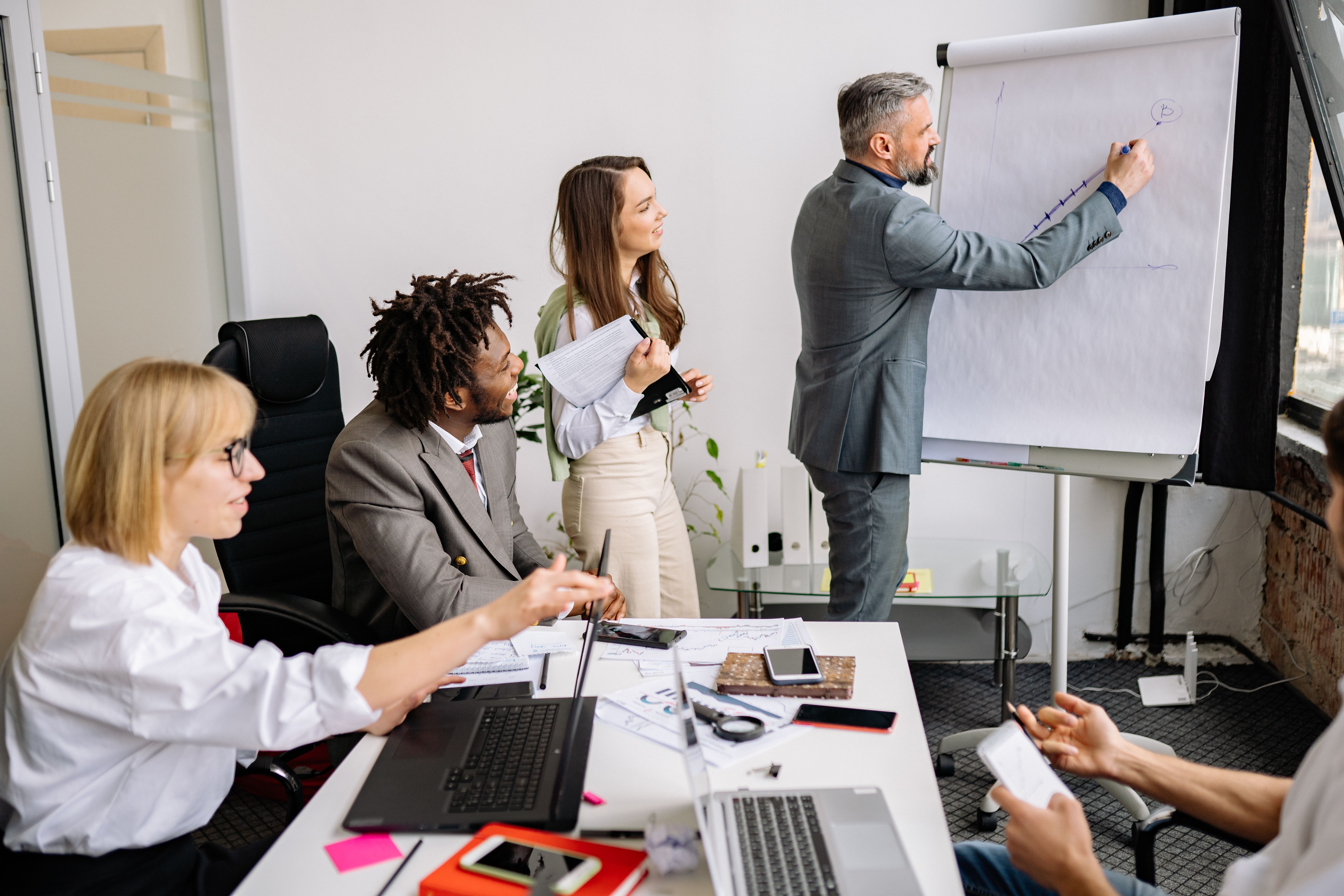 Team reviewing a project plan during a meeting